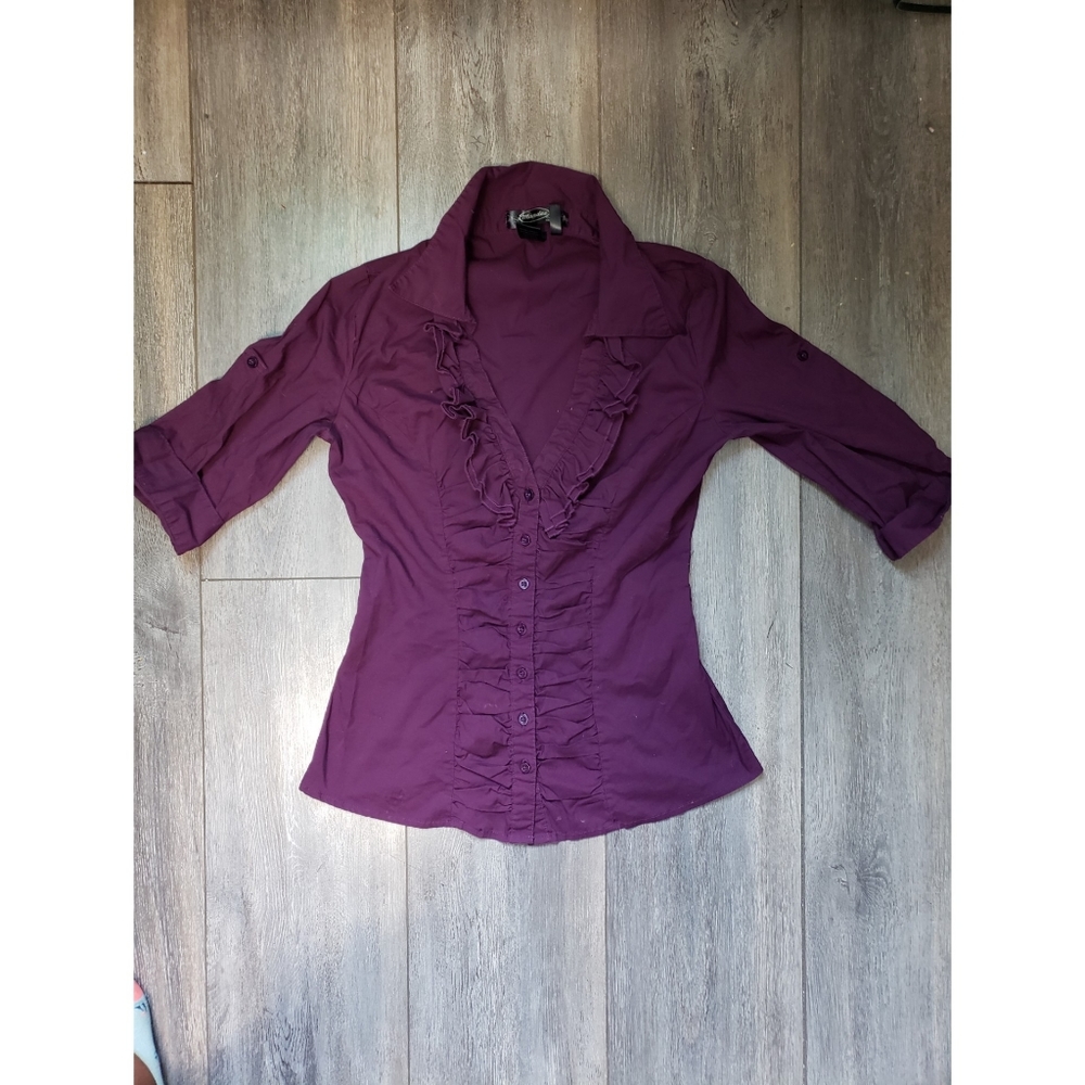 Mandee Roll Up Sleeve Ruffle Rouched Button Down